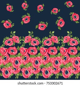 Seamless border in small wild flowers. Poppy bouquets. Liberty style millefleurs. Floral background for textile, wallpaper, pattern fills, covers, surface, print, wrap, scrapbooking, decoupage.