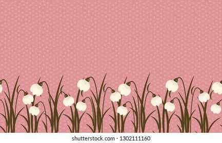 Seamless border from snowdrop on dusty pink in small light cream circles background for International Women's Day March 8.Cute spring flower landscape.Vector illustration