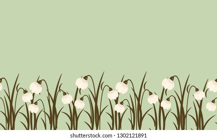 Seamless border from snowdrop on dusty emerald background for International Women's Day March 8.Cute spring flower landscape.Vector illustration