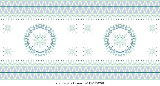 Seamless border with snowflakes in geometric ethnic style in green and purple. Tribal style or Navajo patterns. Vector illustration. Ideas for textiles, elaborate borders, carpets, and curtains.