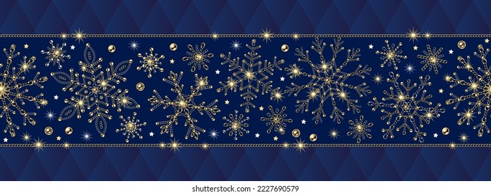 Seamless border with snowflakes made of jewelry gold and silver chains. Shiny sprakle stars on deep blue background. Festive design for Xmas and new year decoration. Blue classic rhombic grid behind