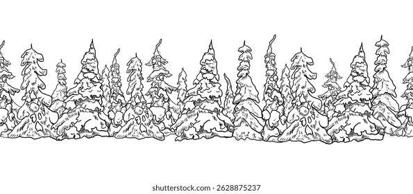 Seamless border with snowy pine trees, hand drawn black white outline vector illustration. Monochrome winter forest design with fir and spruce silhouettes for Christmas stationery, New Year cards.