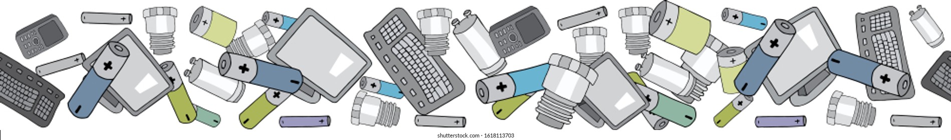 Seamless border with sorted e-waste garbage isolated on white. Pattern with separate debris. Vector hand drawn collection of trash. Concept of Recycles Day, World Cleanup day