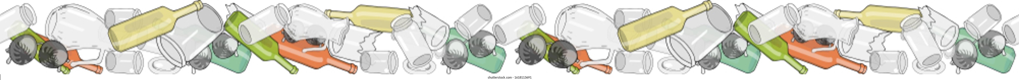Seamless border with sorted glass garbage isolated on white. Pattern with separate debris. Vector hand drawn collection of trash. Concept of Recycles Day, World Cleanup day