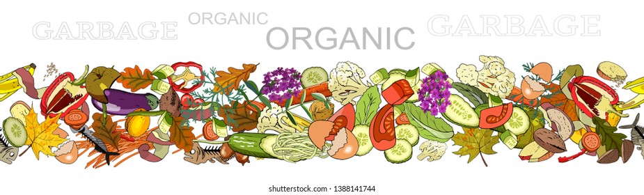 Seamless border with sorted organic trash.  Collection of patterns with separate debris. Vector garbage pattern. Hand draw collection of trash. Concept of Recycles Day, World Cleanup Day and ecology