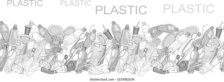 Seamless border with sorted plastic garbage isolated on white. Pattern with separate debris. Vector hand drawn collection of trash. Concept of Recycles Day, World Cleanup day