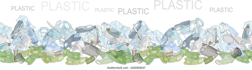 Seamless border with sorted plastic garbage isolated on white. Pattern with separate debris. Vector hand drawn collection of trash. Concept of Recycles Day, World Cleanup day