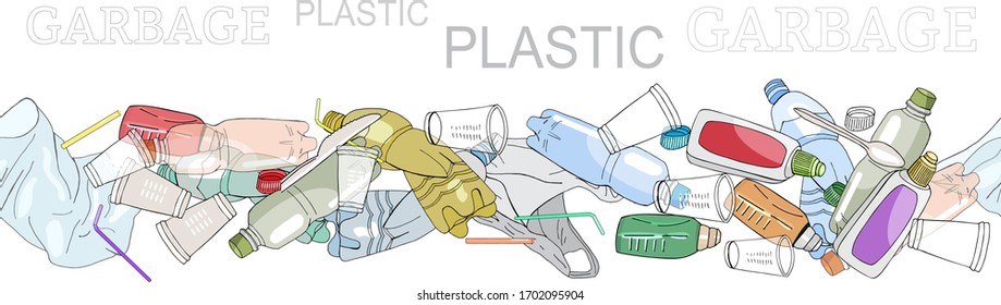 Seamless border with sorted plastic garbage isolated on white. Set of patterns with separate debris. Vector hand drawn collection of trash. Concept of Recycles Day, World Cleanup Day