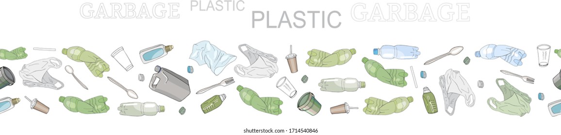 Seamless border with sorted plastic garbage isolated on white. Set of patterns with separate debris. Vector hand drawn collection of trash. Concept of Recycles Day, World Cleanup Day.