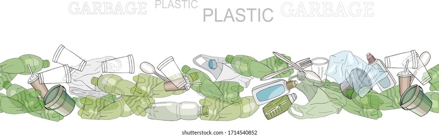 Seamless border with sorted plastic garbage isolated on white. Set of patterns with separate debris. Vector hand drawn collection of trash. Concept of Recycles Day, World Cleanup Day.