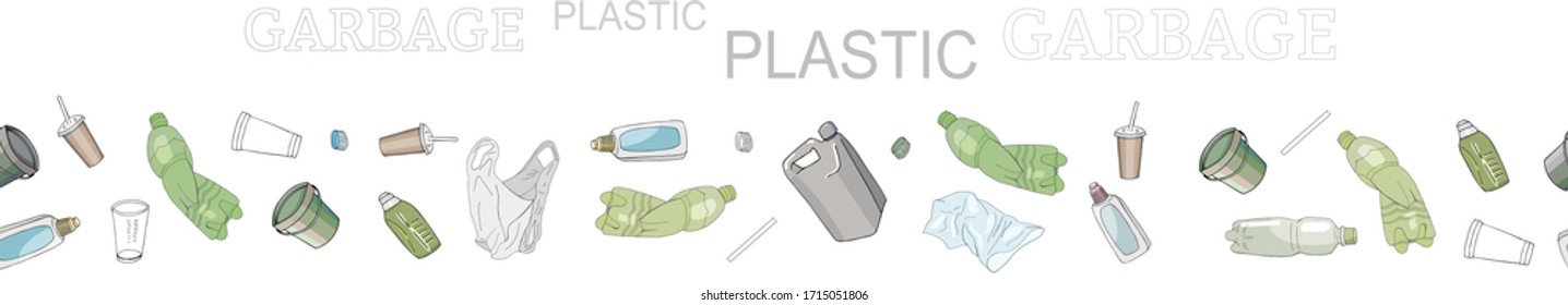 Seamless border with sorted plastic garbage isolated on white. Set of patterns with separate debris. Vector hand drawn collection of trash. Concept of Recycles Day, World Cleanup Day.