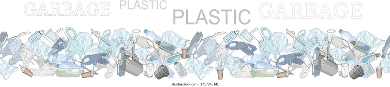 Seamless border with sorted plastic garbage isolated on white. Set of patterns with separate debris. Vector hand drawn collection of trash. Concept of Recycles Day, World Cleanup Day.