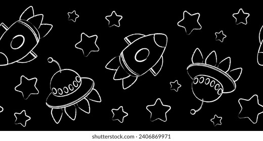 Seamless border of space elements spaceships and stars. White chalk on a black background. Cartoon vector illustration.