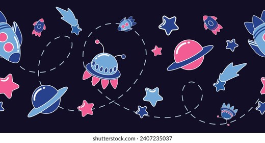 Seamless border with spaceships, stars and planets with white outline on dark blue background. Cartoon vector illustration for childish textile, wallpaper, backgrounds.