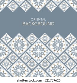 Seamless border in Spanish style. Spain tilework. Portugal ceramic tiles. Azulejo background. Indigo card.