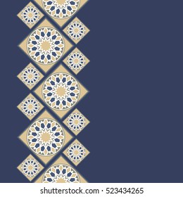 Seamless border in Spanish style. Spain tilework. Portugal ceramic tiles. Azulejo background. Indigo card.