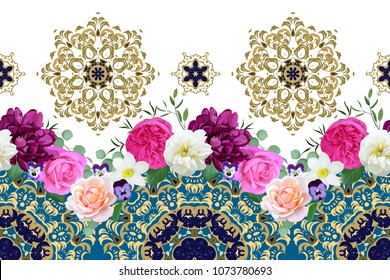 Seamless border with spring flowers and arabesques