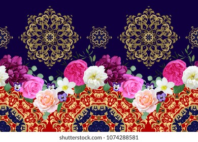 Seamless border with spring flowers and arabesques