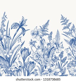 Seamless border with spring flowers. Botanical illustration. Bloe.