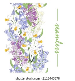 Borde sin igual de flores de primavera, flores de jardín, jacintos y daffoditos multicolores, ilustración vectorial