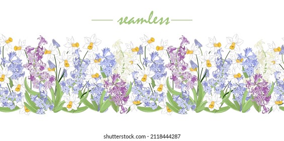 Seamless border of spring flowers, garden flowers, multicolored hyacinths and daffodils,vector illustration