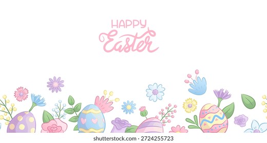 Nahtloser Rand mit Frühlingsblumen, Blättern, bunten Eiern. Das Konzept von Ostern und Frühling. Vektorgrafik zur Gestaltung von Postern, Postkarten, Bannern