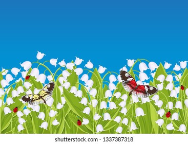 Seamless border with spring flowers lily of the valley, floral frame, banner, vector illustration. White buds bluebell, green leaves with sitting butterflies and ladybugs isolated on blue background