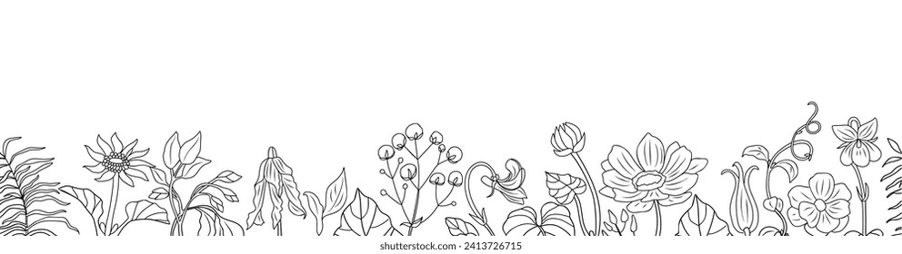 Nahtlose Grenze mit Frühlingsblumenzeilenzeichnung.