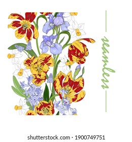 Seamless border of spring flowers, tulips, hyacinths, irises and daffodils, vector illustration