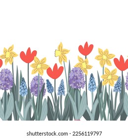 Nahtlose Grenze von Frühlingsblumen, Tulpen, Hyazinthen und Narzissen, Vektorgrafik.