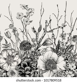 Seamless border. Spring Flowers and twig. Peonies, Spirea, Cherry Blossom, Dogwood. Vintage botanical illustration. Black and white