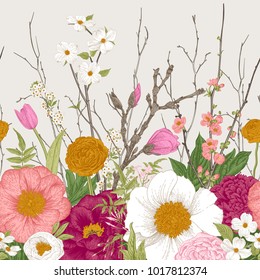 Seamless border. Spring Flowers and twig. Peonies, Spirea, Cherry Blossom, Dogwood. Vintage botanical illustration. 