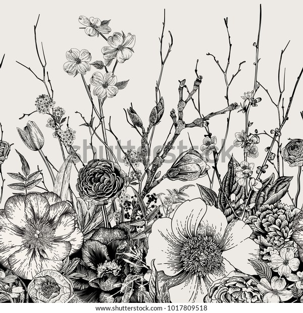 シームレスな境界 春の花と小枝 牡丹 スピレア 桜 ドッグウッド ビンテージの植物イラスト 白黒 のベクター画像素材 ロイヤリティフリー