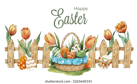 Frontera perfecta con el concepto de primavera feliz Pascua. Borde acuático con valla de madera, tulipanes, cesta y huevos de pascua. Para la decoración, impresión, papel pintado, tejido, rayado, papel envasado. 