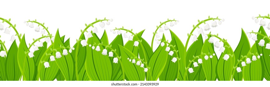 Seamless border with spring Lily of the valley flowers. Floral frame isolated on transparent background. Vector illustration