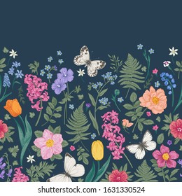 Seamless border with spring and summer flowers and butterflies whites. Floral pattern on a dark background. Colorful.