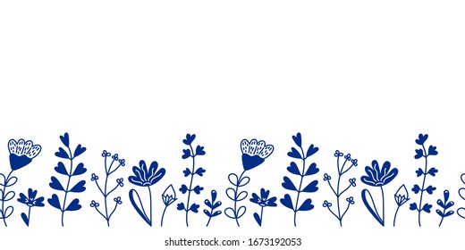 Seamless border of spring or summer forest and meadow plants, flowers. Silhouettes and contours of green plants. Hand-drawn vector illustration. For postcards, invitations, and other things. Place for