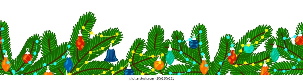 Seamless border of spruce branches decorated with balls and garland Happy New Year illustration isolated on white background. Vector art