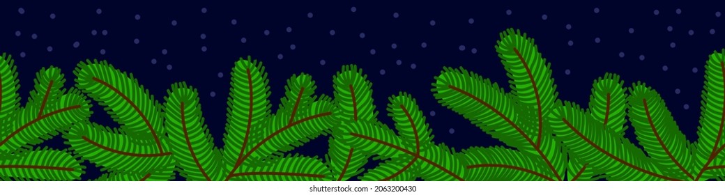 Seamless border of spruce branches Happy New Year illustration on dark blue background. Vector art