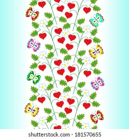 Seamless border with strawberries and butterflies