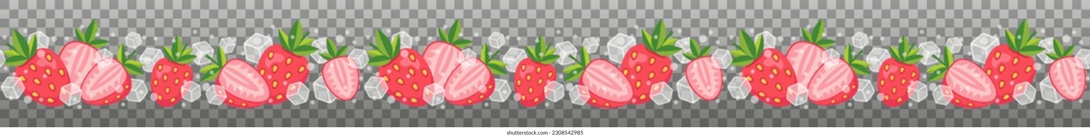 Seamless border with strawberry, ice cubes and bubbles. Can be used for summer cards, letters, invitations. Isolated vector and PNG illustration on transparent background.