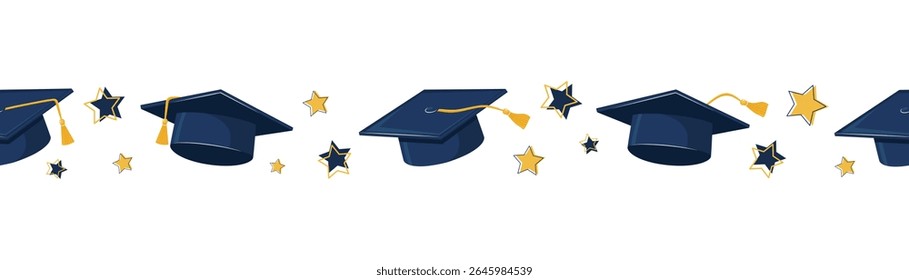 Seamless Border Strip With Academic Caps, Gold Stars, And Tassels Arranged Horizontally On White. Education Celebration Concept For Banner And Print.