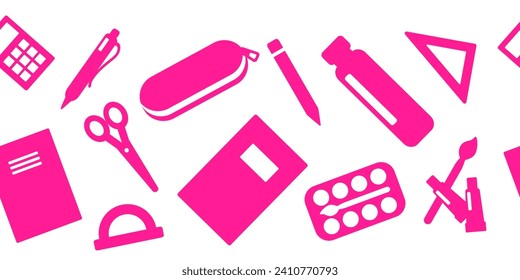 Seamless border of student's school supplies: book, notebook, pencil, pen, calculator, bottle of water, scissors, ruler, pencil case. icons vector.