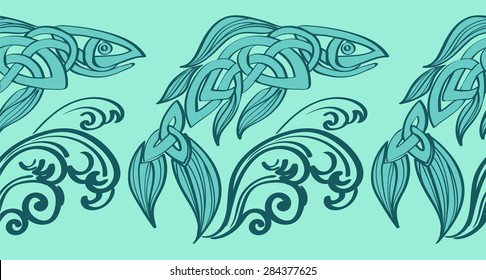 Seamless border Stylized Celtic fish in the sea colors