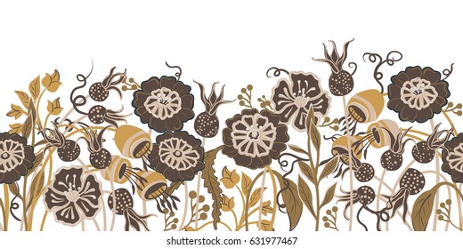 A seamless border with stylized flowers in a brown color scheme