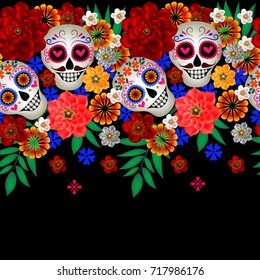 Seamless border with sugar skulls and flowers