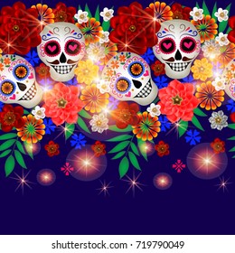 Seamless border with sugar skulls and flowers
