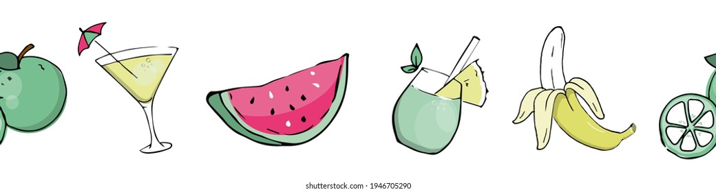 Seamless border of summer cocktails and fruits. A doodle-style graphic element. Watermelon slice, lime, banana and refreshing cocktails in glasses. Print, background, vector illustration.