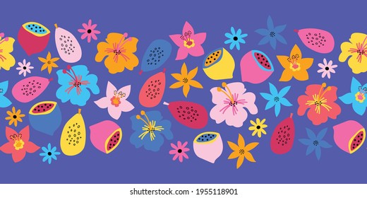 Seamless border summer fruit flower border. Repeating cute floral horizontal kids vector background Scandinavian style. Abstract exotic tropical flower, lemons for summer decor, footer, cards, banner