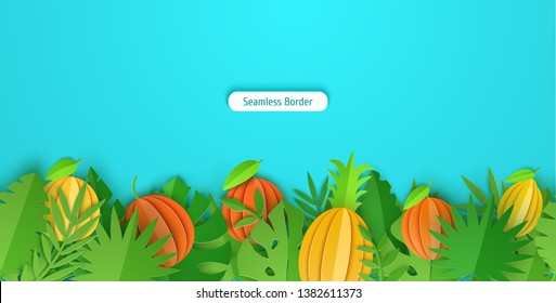 Seamless border of summer tropical leaves an fruits in paper cut style. Craft jungle green plants botanic collection with shadow. Creative vector card illustration in paper cutting art style.